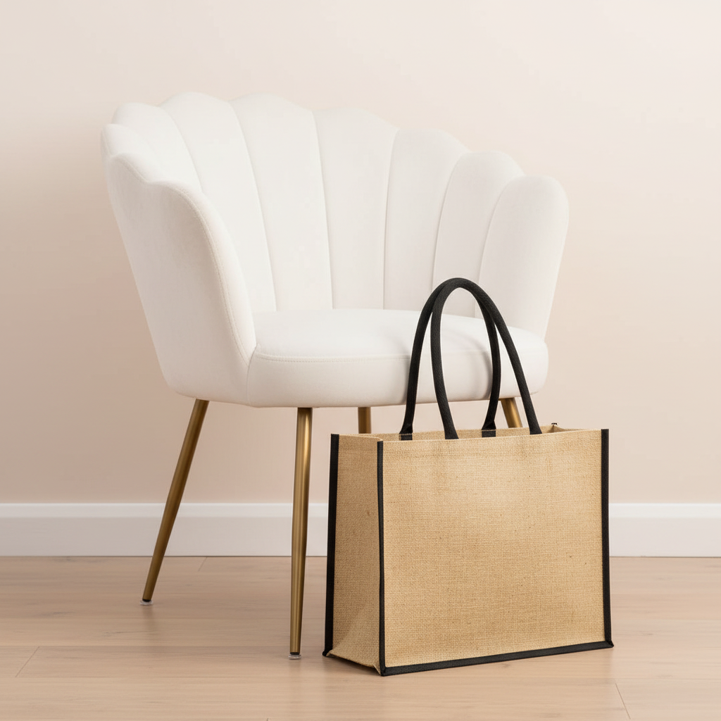 Jute Classic Shopper (natural/black) next to white velvet chair