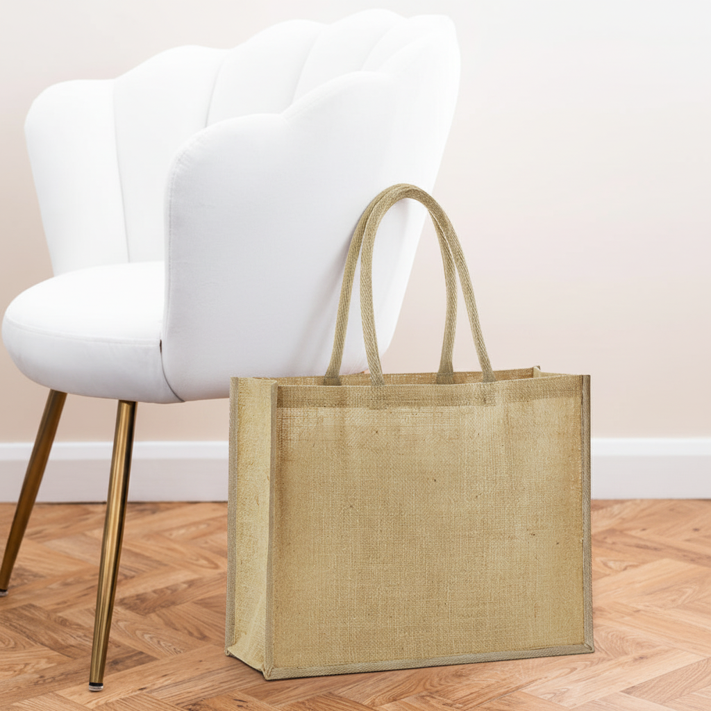 Jute Classic Shopper (natural) next to white velvet chair