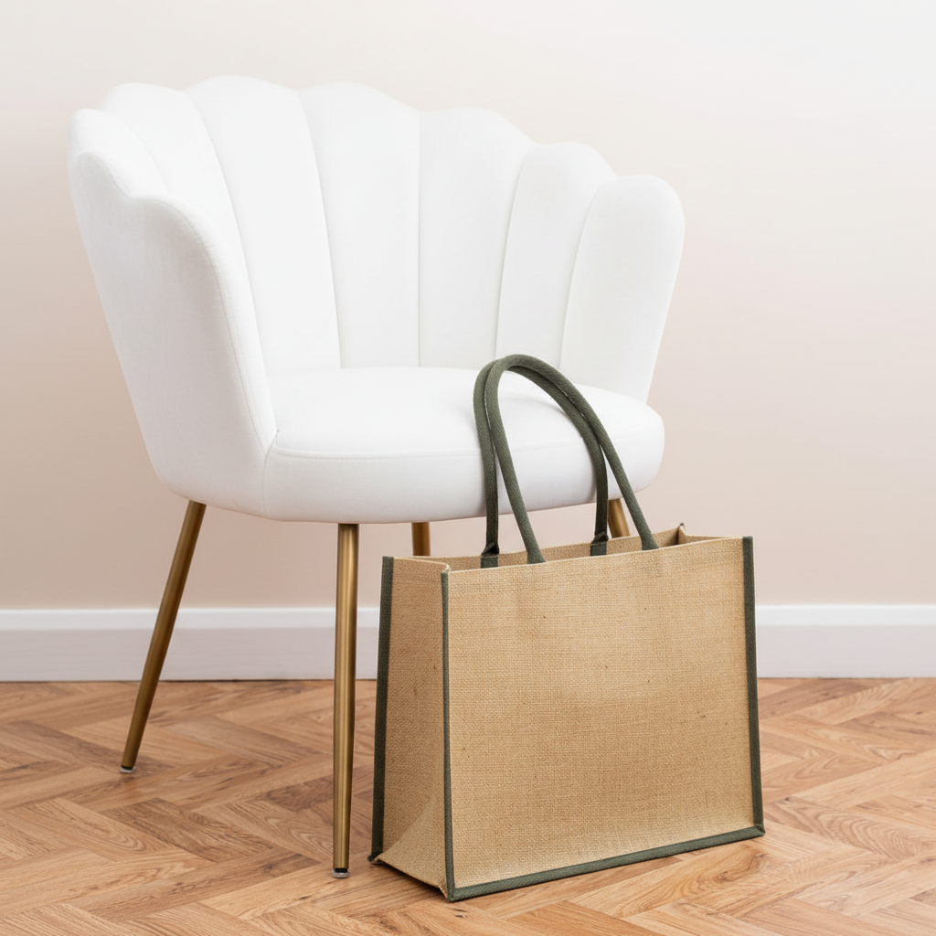 Jute Classic Shopper (natural/olive green) next to white velvet chair