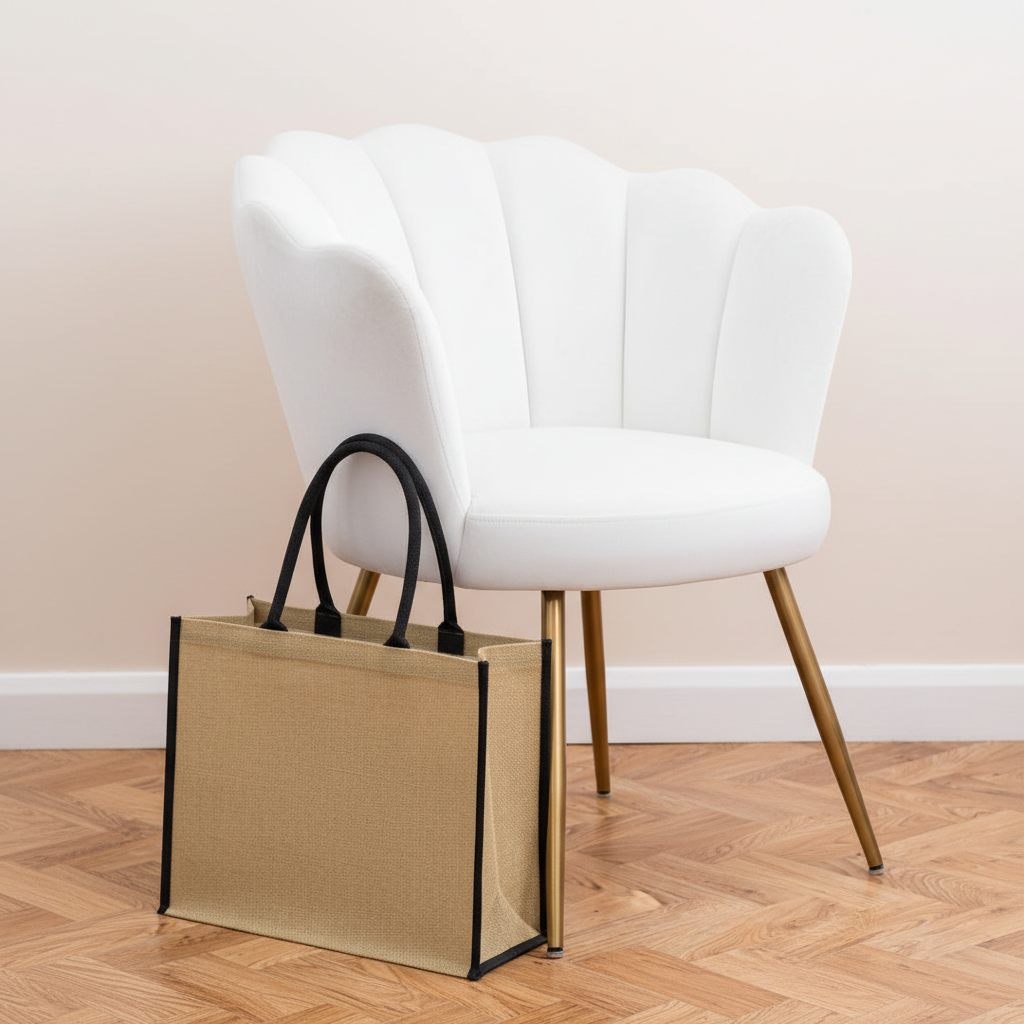 Jute Tipped Shopper (natural/black) next to white velvet chair