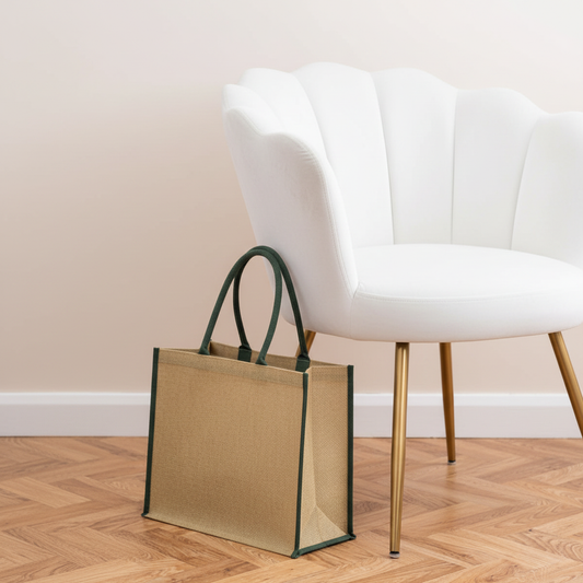 Jute Tipped Shopper (natural/green) next to white velvet chair