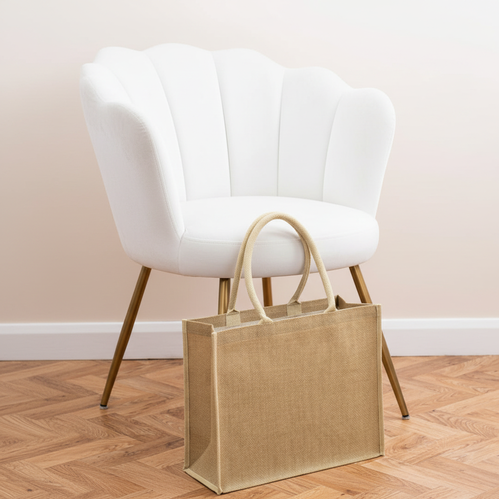 Jute Tipped Shopper (natural) next to white velvet chair