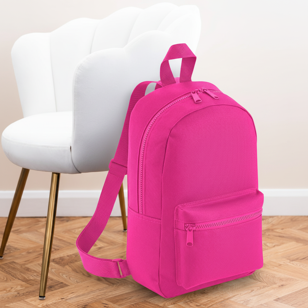 Mini Essential Bagbase Backpack (fuchsia) with aesthetic background