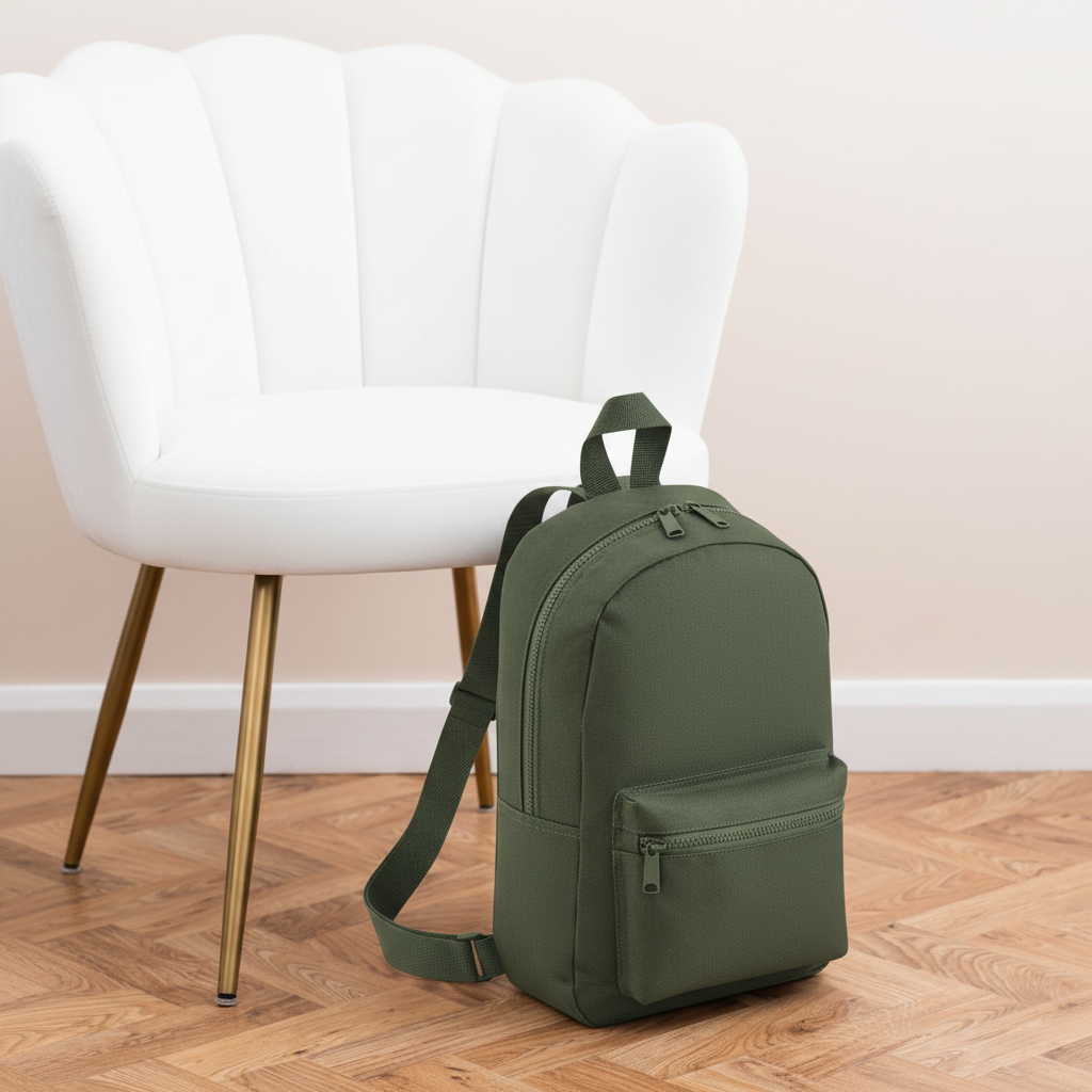 Mini Essential Bagbase Backpack (olive green) with aesthetic background