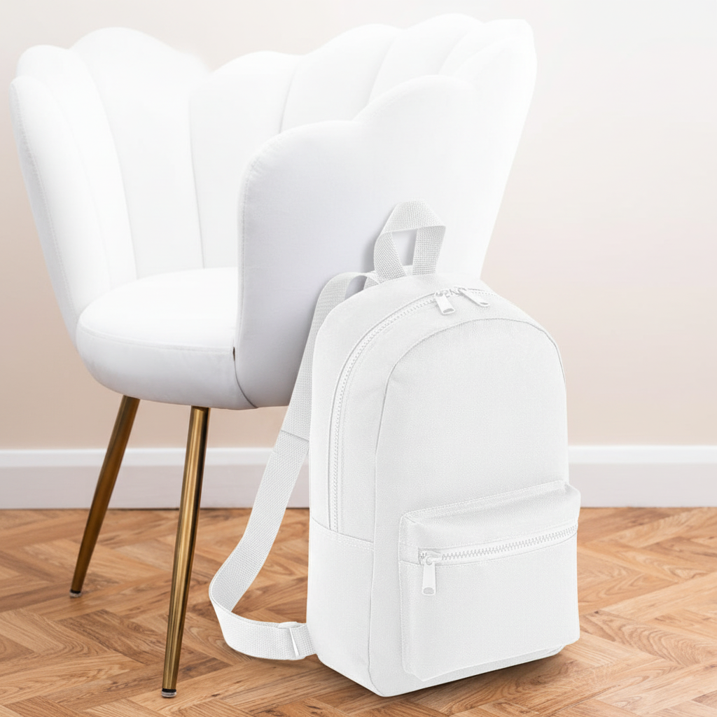 Mini Essential Bagbase Backpack (white) with aesthetic background