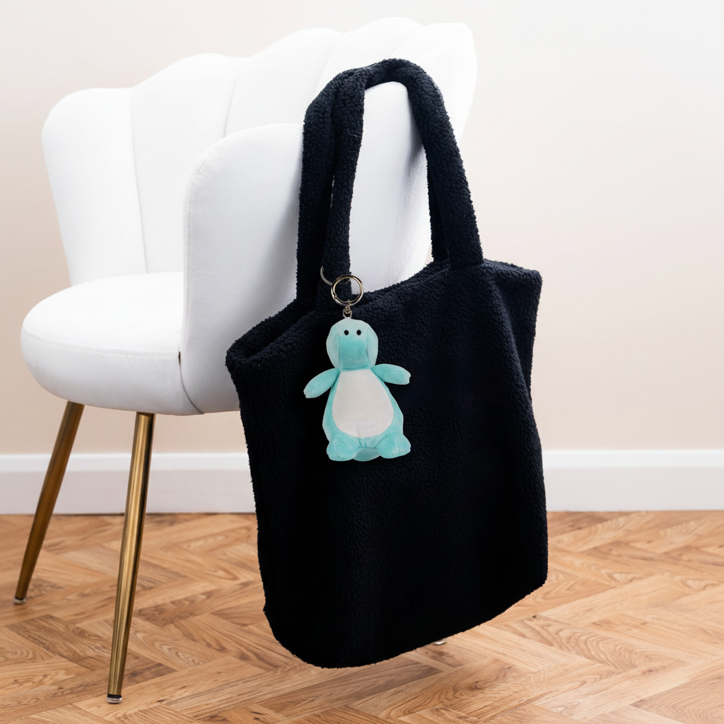Mumbles Character Keyring dinosaur on black fleece shopper with white velvet chair