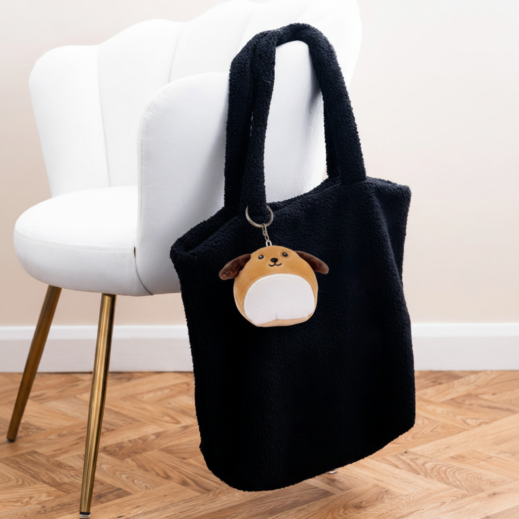 Mumbles Character Keyring dog on black fleece shopper with white velvet chair