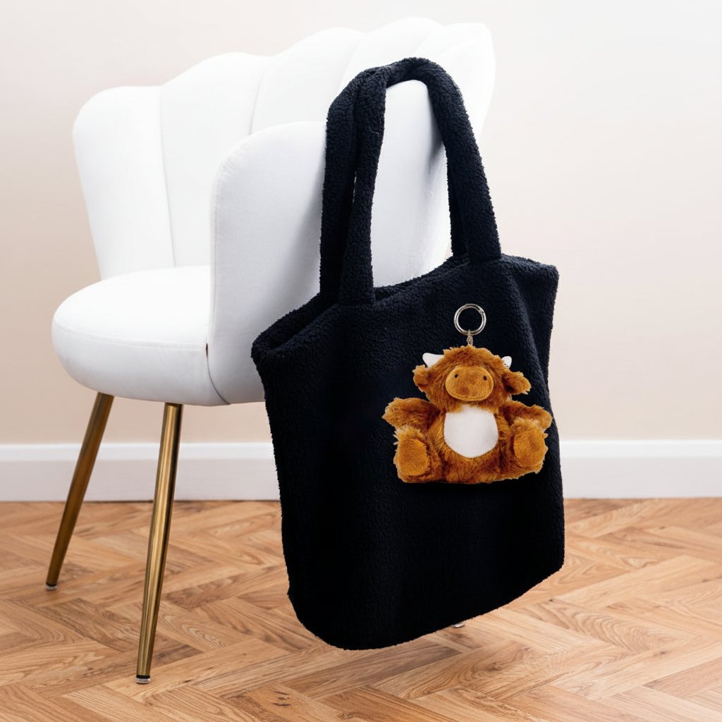 Mumbles Highland Cow Keyring on black fleece shopper with white velvet chair