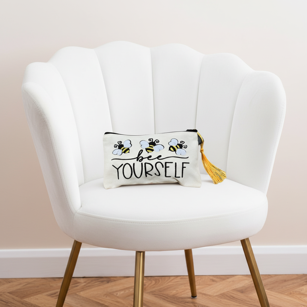 Pencil Case/Makeup Bag on white velvet chair