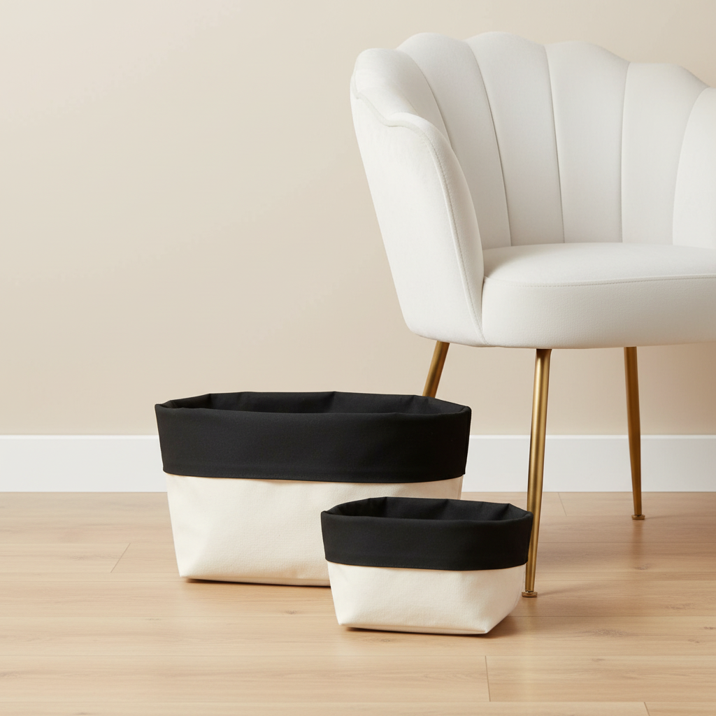Reversible Canvas Organiser (black) next to white velvet chair