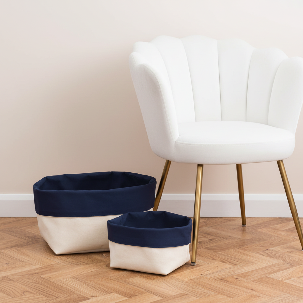 Reversible Canvas Organiser (blue) next to white velvet chair