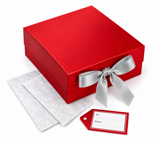 Red Gift Box with Silver Ribbon, Tissue Paper & Gift Tag – 20 × 20 × 7cm