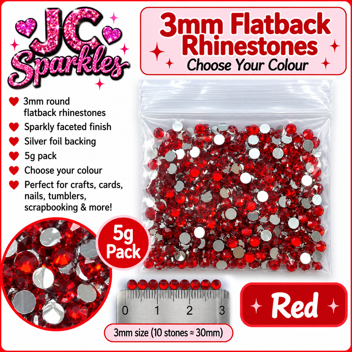 3mm Flatback Rhinestones – 5g Pack – Choose Your Colour