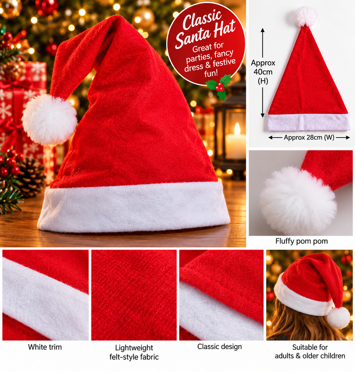 Classic Red Santa Hat with White Trim & Pom Pom – Christmas Fancy Dress