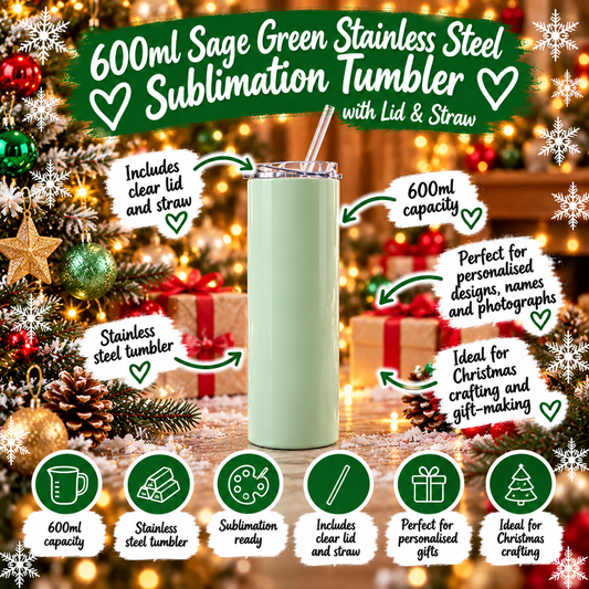 600ml Sage Green Stainless Steel Sublimation Tumbler with Lid & Straw