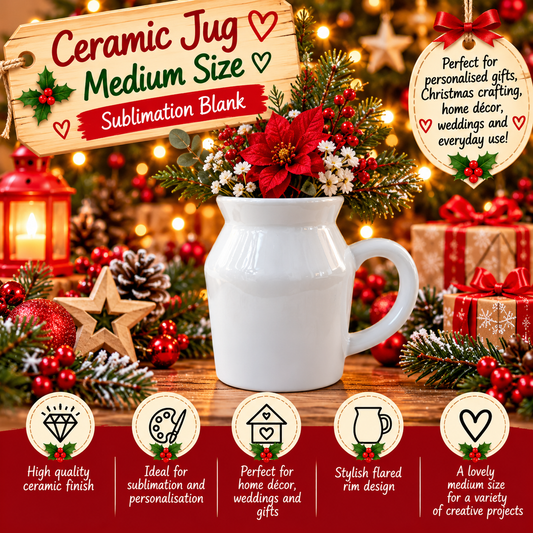 White Ceramic Sublimation Jug – Medium Rounded Style – Blank for Personalisation