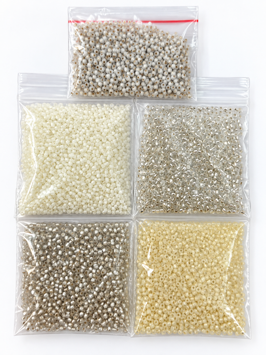 Czech Glass Seed Beads – White, Cream & Silver Mix – 5 Bags