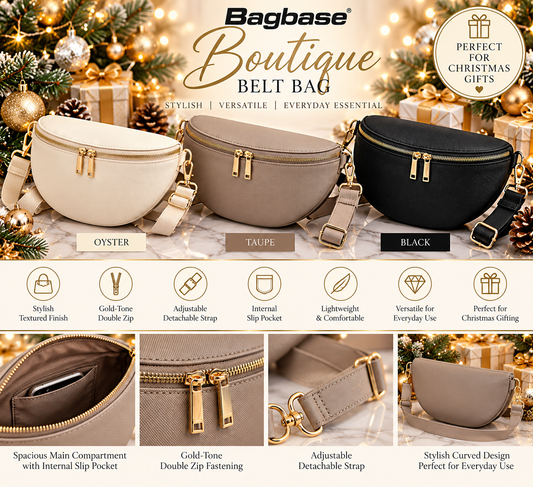 Bagbase Boutique Belt Bag – Gold Zip | Oyster, Black & Taupe