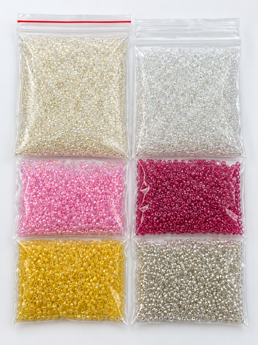 Glass Seed Beads – Pink, Yellow, Crystal & Silver Mix – 6 Bags