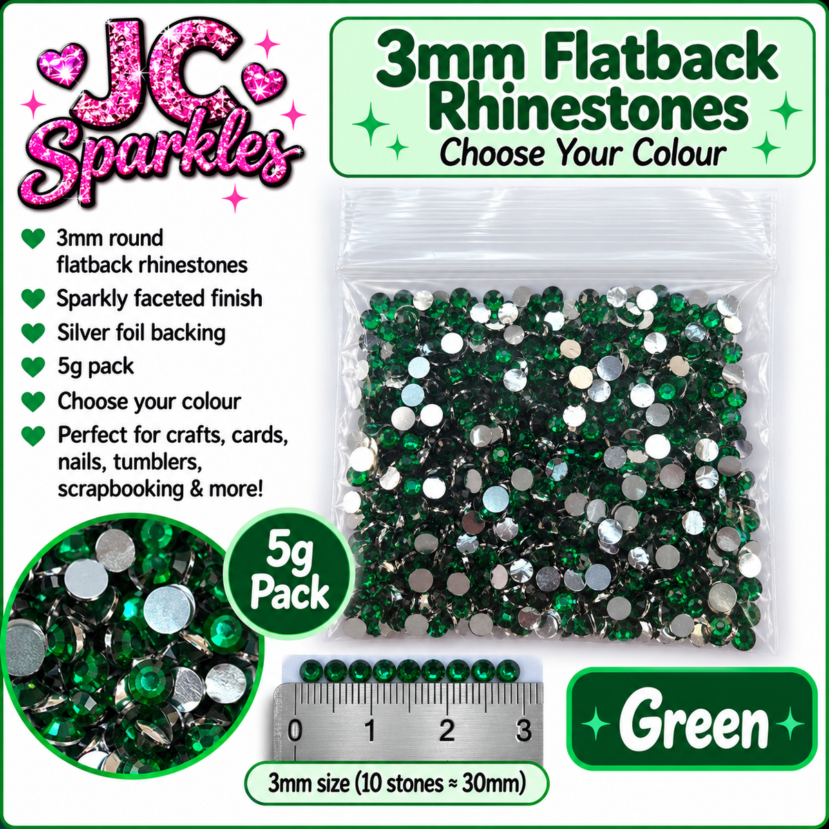 3mm Flatback Rhinestones – 5g Pack – Choose Your Colour