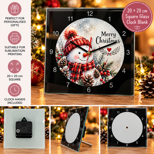 Square Glass Sublimation Clock Blank with Numbers – 20 × 20 cm