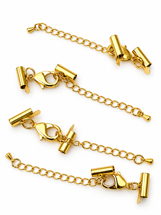 Gold Coloured Cord End Clasp Sets with Lobster Clasps & Extender Chains – 4 Sets