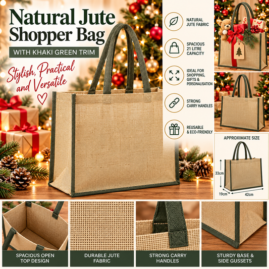 Natural Jute Shopper Bag with Khaki Green Trim – 21 Litre