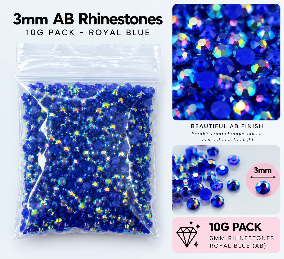 3mm AB Rhinestones – 10g Pack – Choose Your Colour