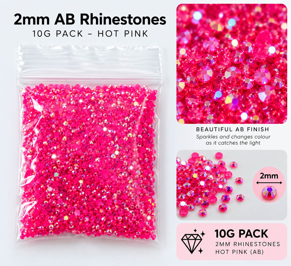 2mm AB Rhinestones – 10g Pack – Choose Your Colour