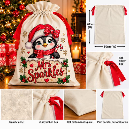 Christmas Sack Blank with Red Ribbon Ties – 50 × 70cm – Personalisation