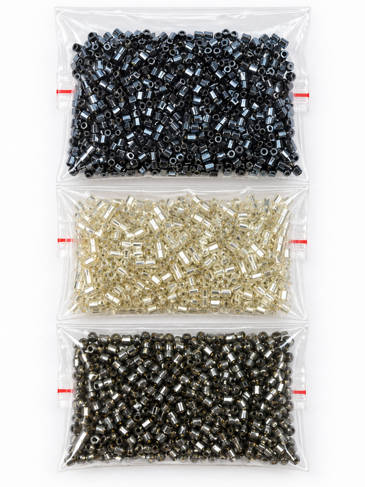 Czech Glass Two-Cut Seed Beads – Black, Silver & Champagne – 3 Bags