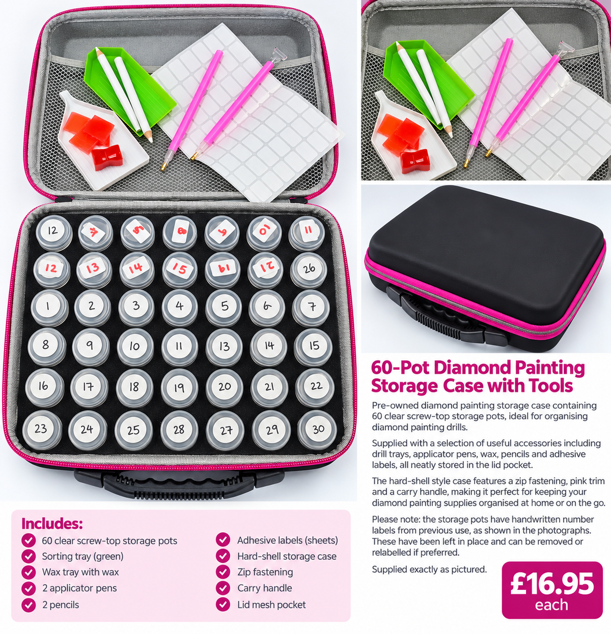 42-Pot Diamond Painting Storage Case with Tools & Accessories – Grey & Pink