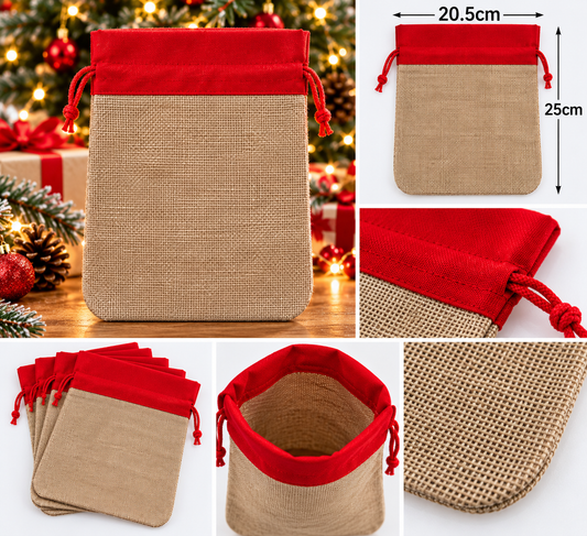 Jute Drawstring Gift Bags with Red Tops – 25  high× 20.5cm wide