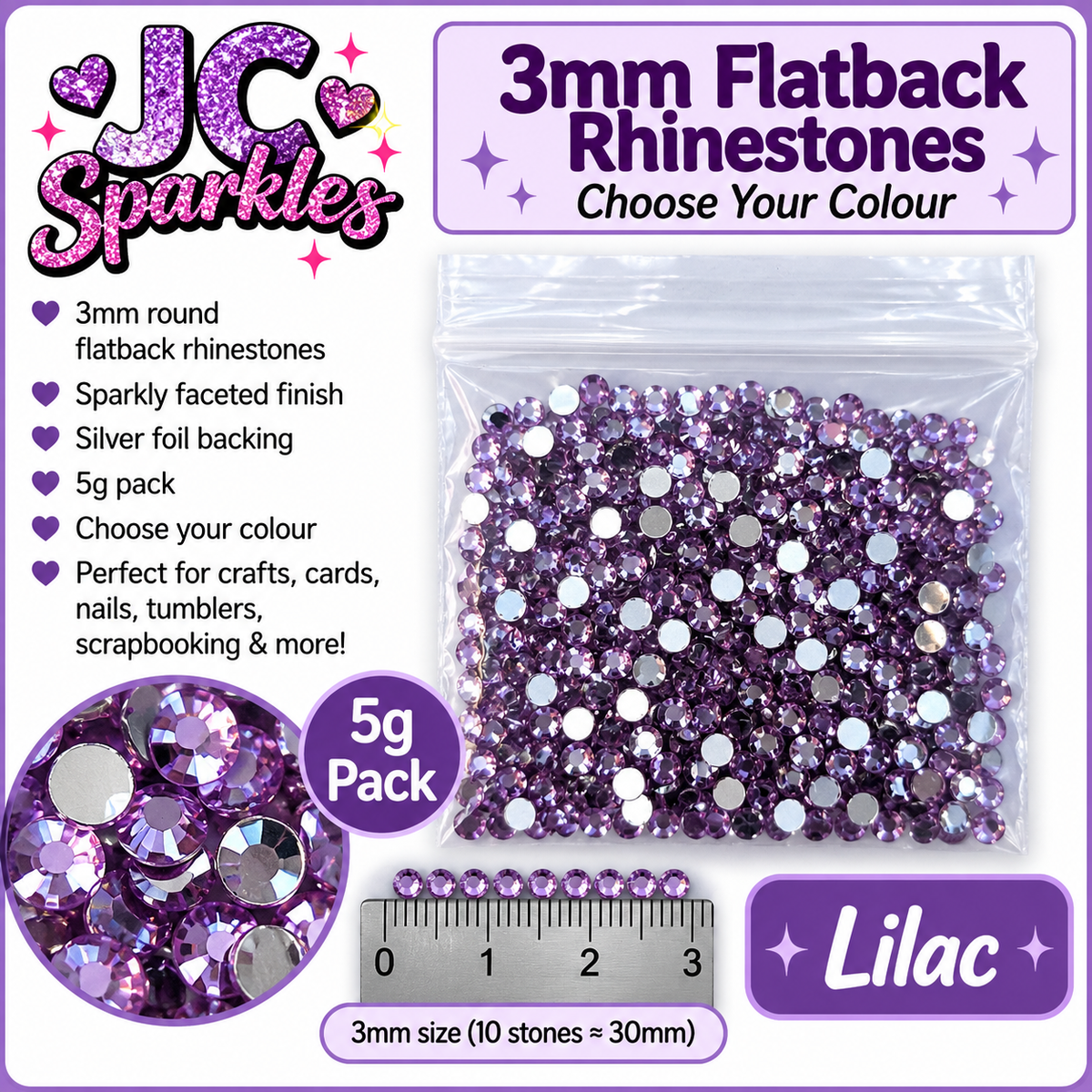 3mm Flatback Rhinestones – 5g Pack – Choose Your Colour