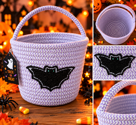 Halloween Woven Trick or Treat Bucket – Bat Design – Lilac
