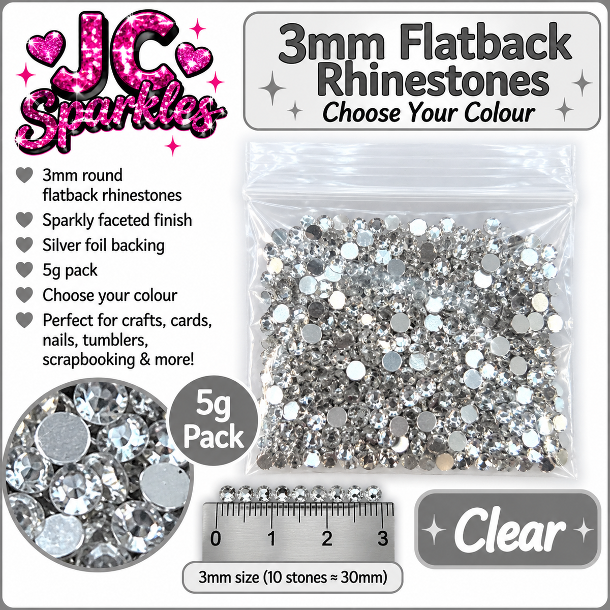 3mm Flatback Rhinestones – 5g Pack – Choose Your Colour