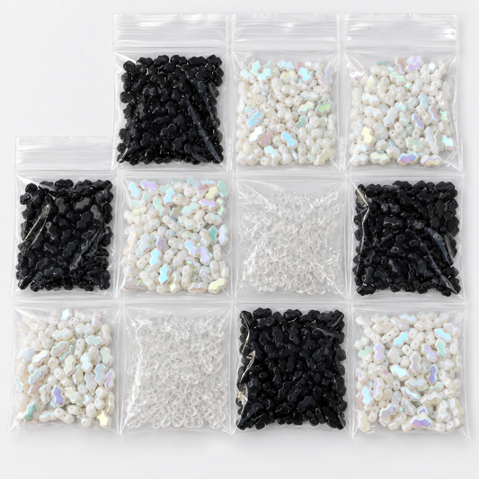 Czech Glass Farfalle / Peanut Beads – Black, White AB & Clear – 11 Bags