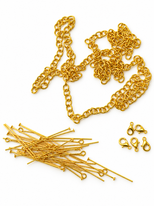 Gold Coloured Jewellery Findings – Chain, Pins & Lobster Clasps – Mixed Lot