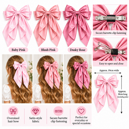 Oversized Satin Hair Bow Clips with Long Tails – Pink Shades