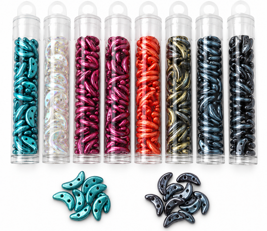 Czech Glass Two-Hole Crescent Beads – Mixed Colours – 8 Tubes