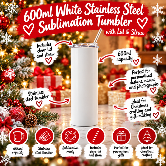 600ml White Stainless Steel Sublimation Tumbler with Lid & Straw