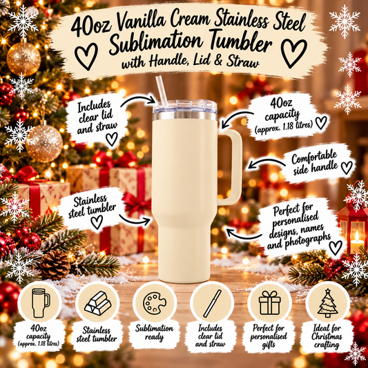 40oz Vanilla Cream Stainless Steel Sublimation Tumbler with Handle, Lid & Straw