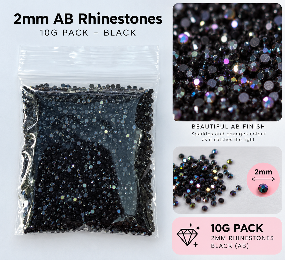2mm AB Rhinestones – 10g Pack – Choose Your Colour