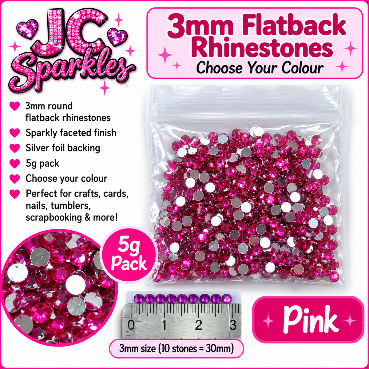 3mm Flatback Rhinestones – 5g Pack – Choose Your Colour