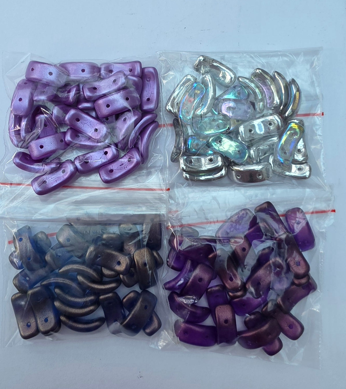Czech Glass Curved Two-Hole Beads – Purple, Bronze & Crystal AB – 4 Bags