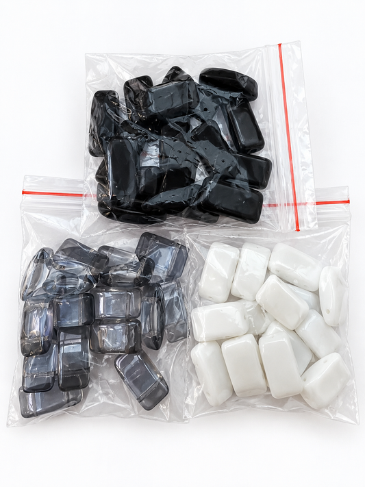 Glass Rectangular Pillow Beads – Black, Smoky Grey & White – 3 Bags