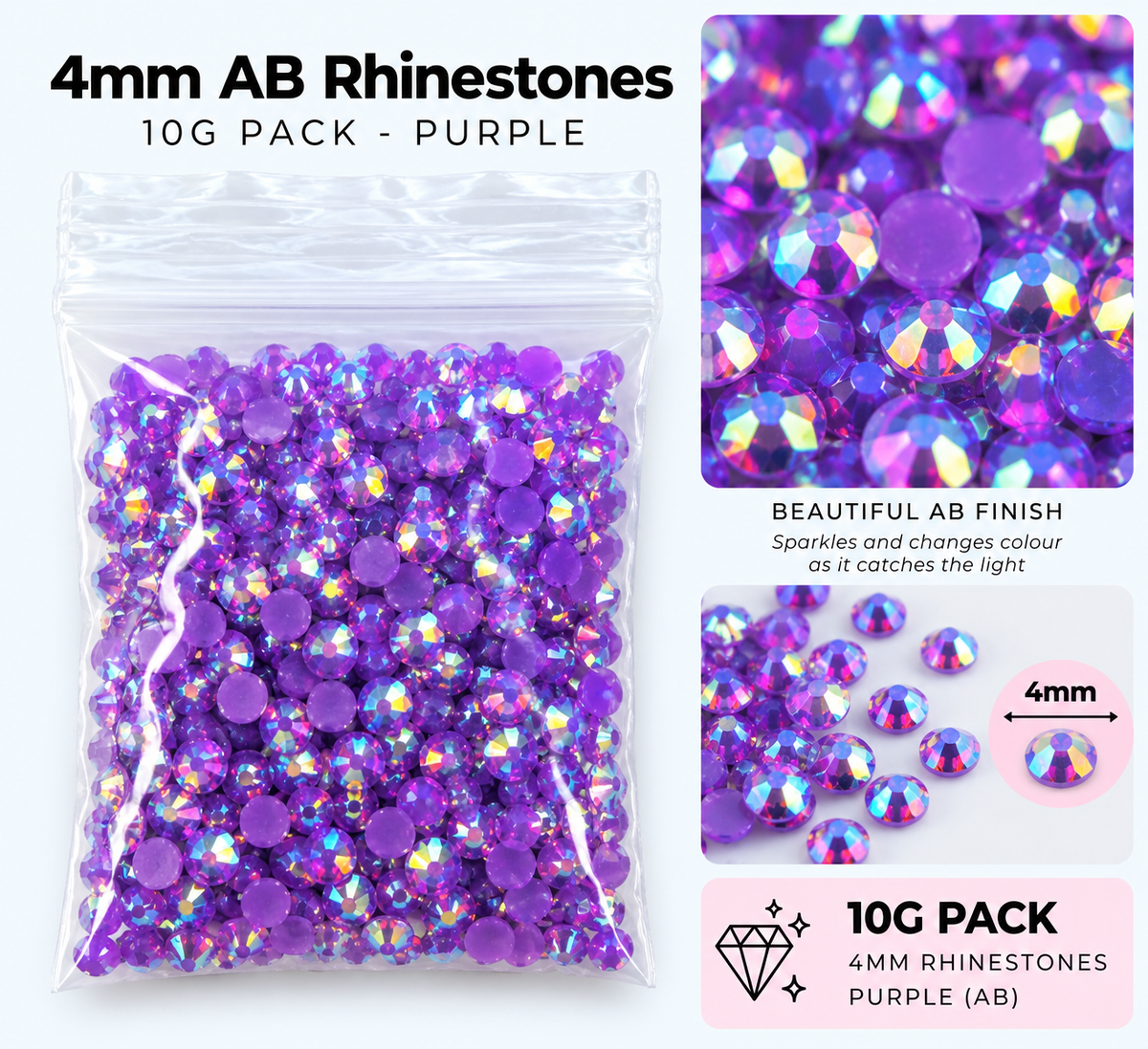 4mm AB Rhinestones – 10g Pack – Choose Your Colour