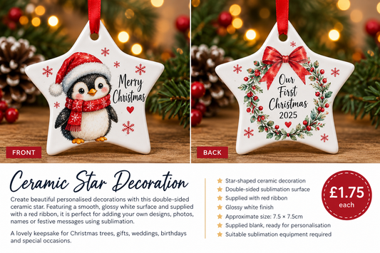 Ceramic Star Sublimation Christmas Decoration Blank – Double Sided with Red Ribbon