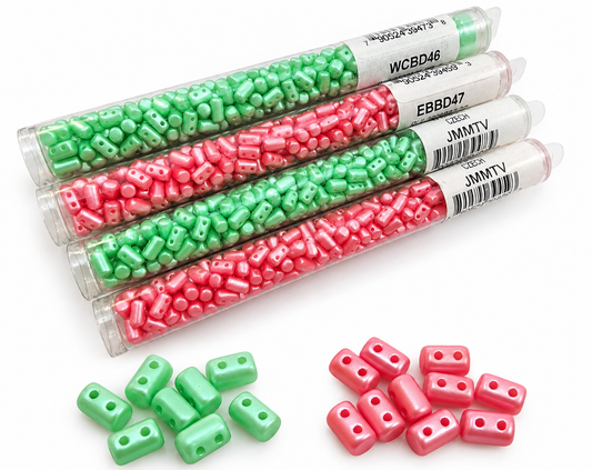 Rulla 3x5mm Two-Hole Glass Beads – Pink & Green – Set of 4 Tubes