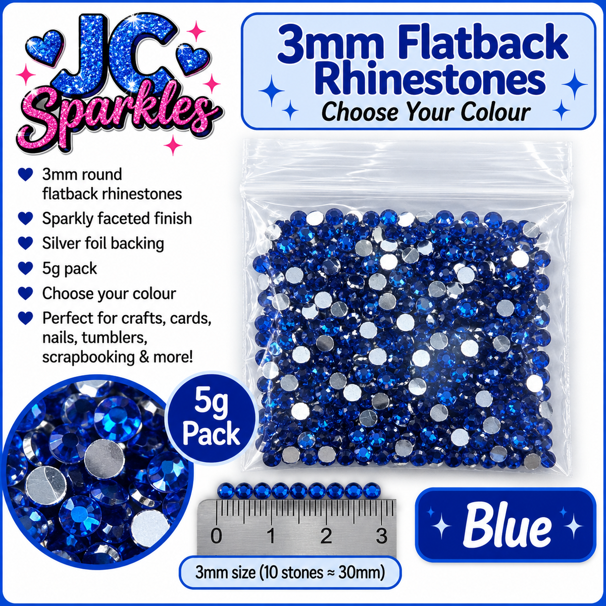 3mm Flatback Rhinestones – 5g Pack – Choose Your Colour